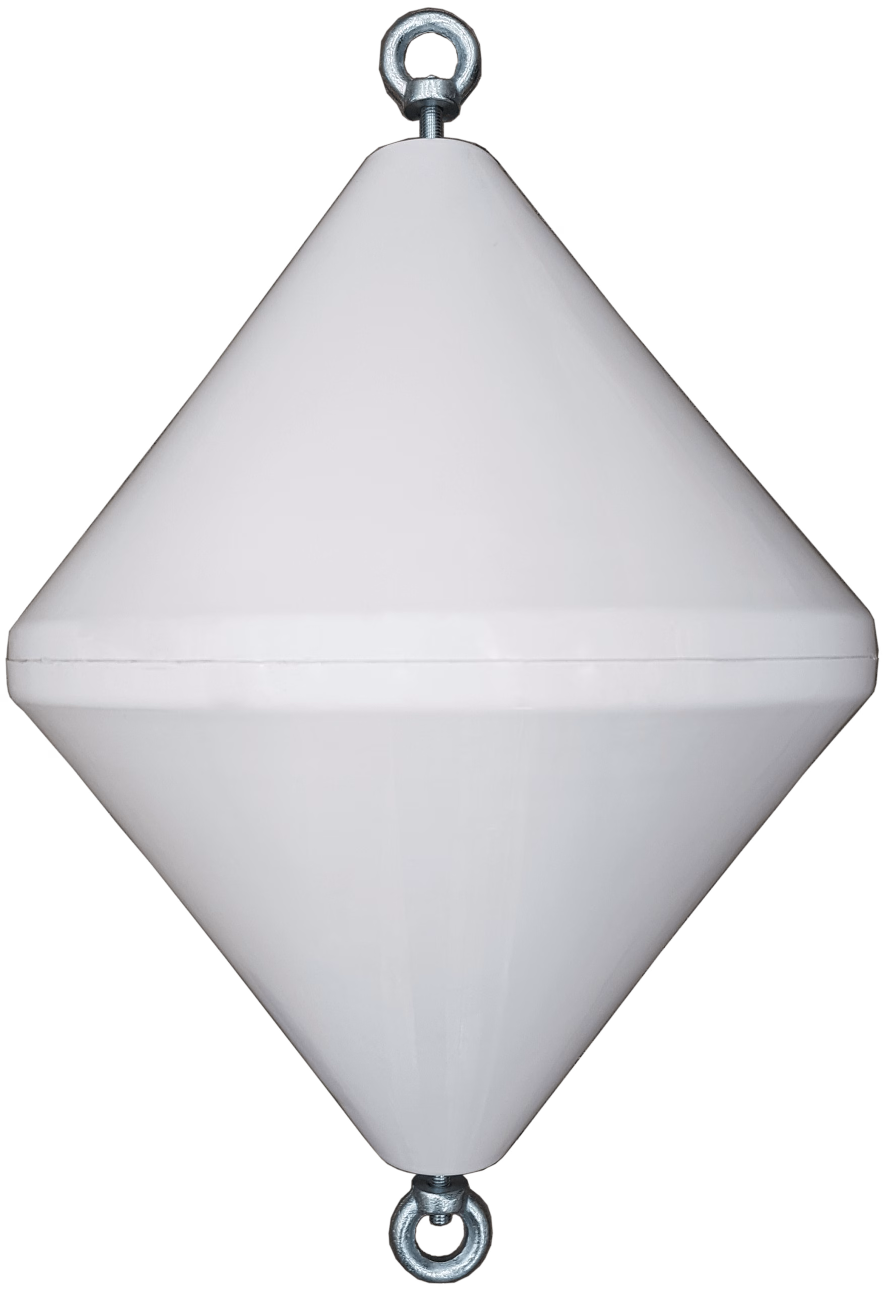 Una boa biconica di colore bianco. La boa ha una forma a doppio cono, con una sezione centrale più larga che si restringe verso le estremità superiori e inferiori. Il design biconico è studiato per garantire stabilità e visibilità in acqua. Il materiale è robusto e adatto all'uso in ambienti marini, rendendola ideale per segnare aree specifiche o per ancoraggio.